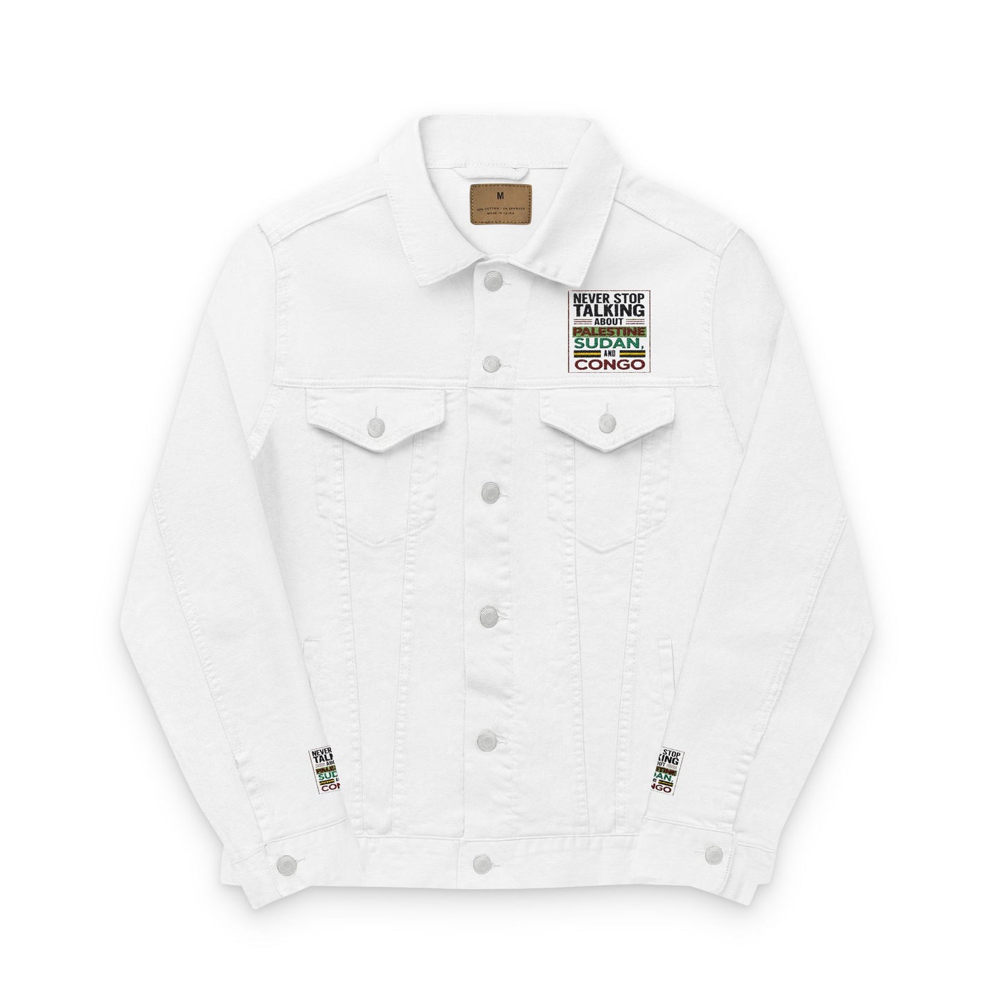 Embroidered Unisex Denim Jacket - 'Never Stop Talking About Palestine, Congo, and Sudan' - Stylish & Versatile
