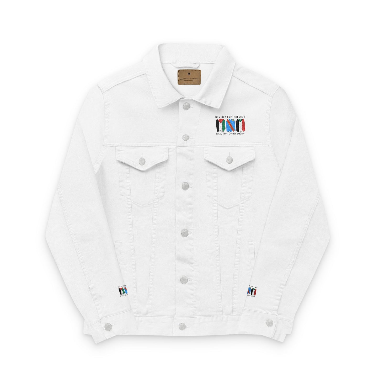 Unisex White Denim Jacket with Colorful Embroidery - Never Stop Talking About Palestine, Congo, and Sudan