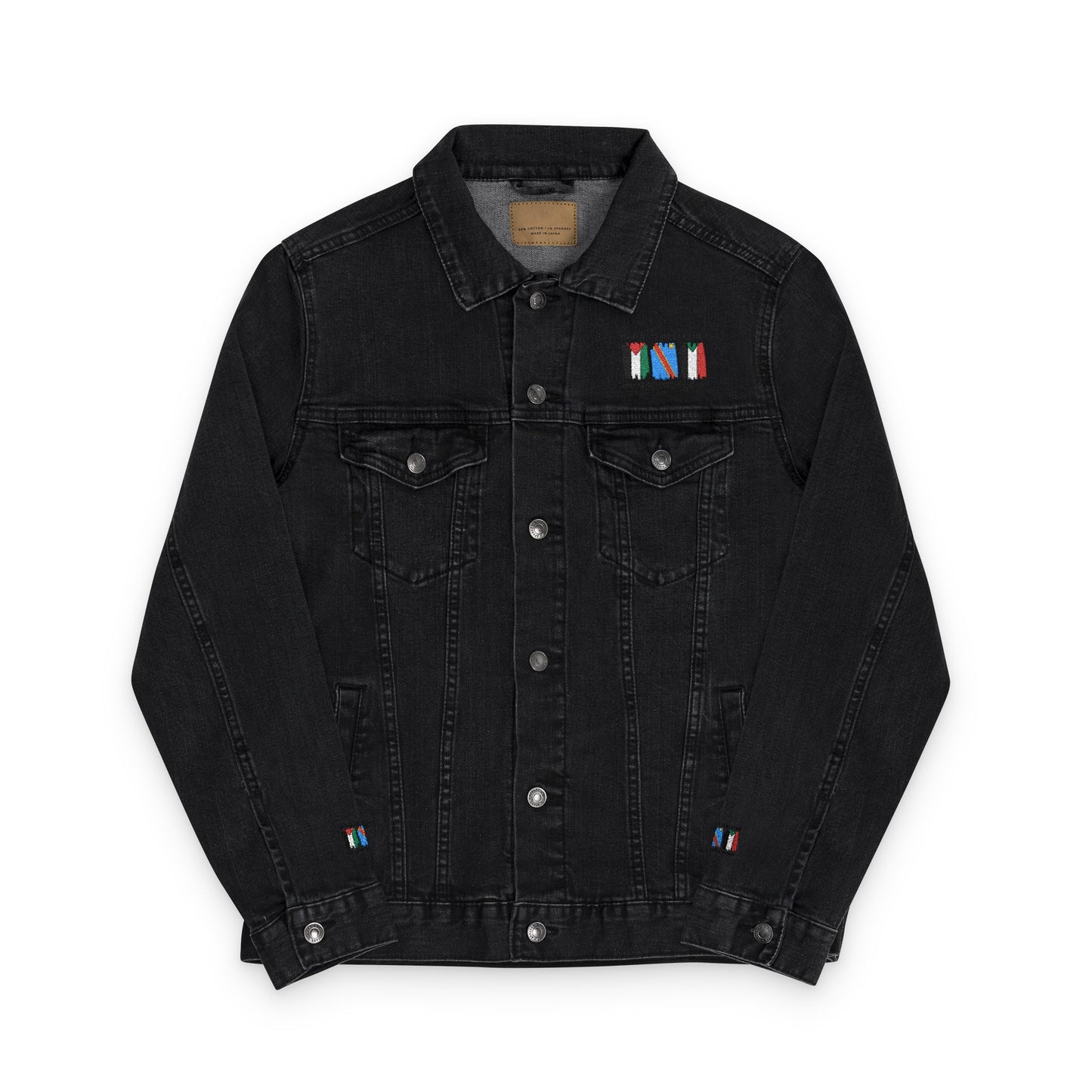 Unisex White Denim Jacket with Colorful Embroidery - Never Stop Talking About Palestine, Congo, and Sudan
