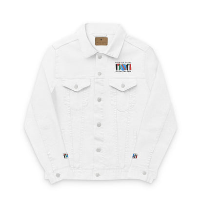 Unisex White Denim Jacket with Colorful Embroidery - Never Stop Talking About Palestine, Congo, and Sudan