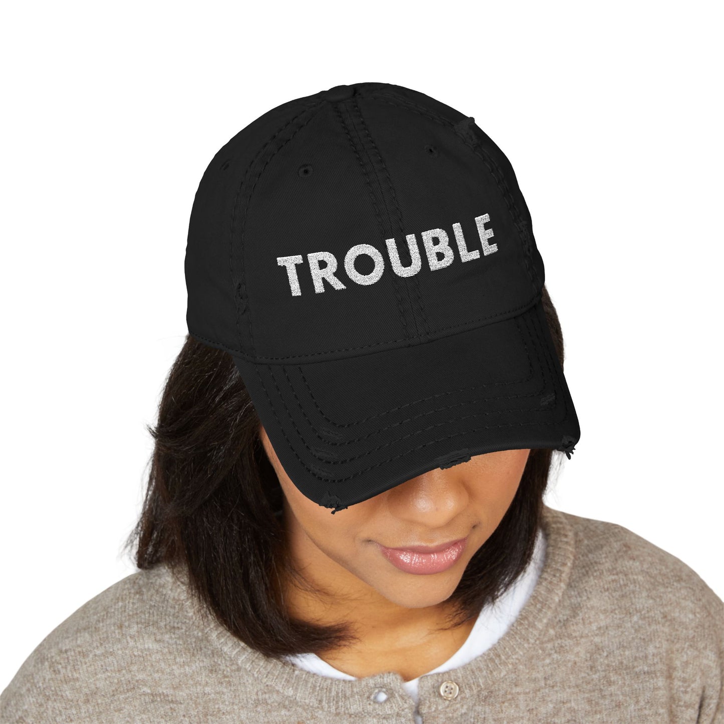 Trouble Distressed Dad Hat, Relaxed Cap, Gift for Dads, Casual Wear, Trendy Hat