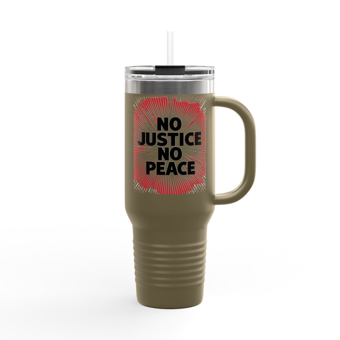 No Justice No Peace Insulated Travel Mug, 40oz, Perfect Gift for Coffee Lovers, Road Trips, and Hands Off Protest Tumbler
