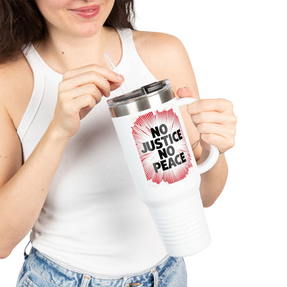 No Justice No Peace Insulated Travel Mug, 40oz, Perfect Gift for Coffee Lovers, Road Trips, and Hands Off Protest Tumbler