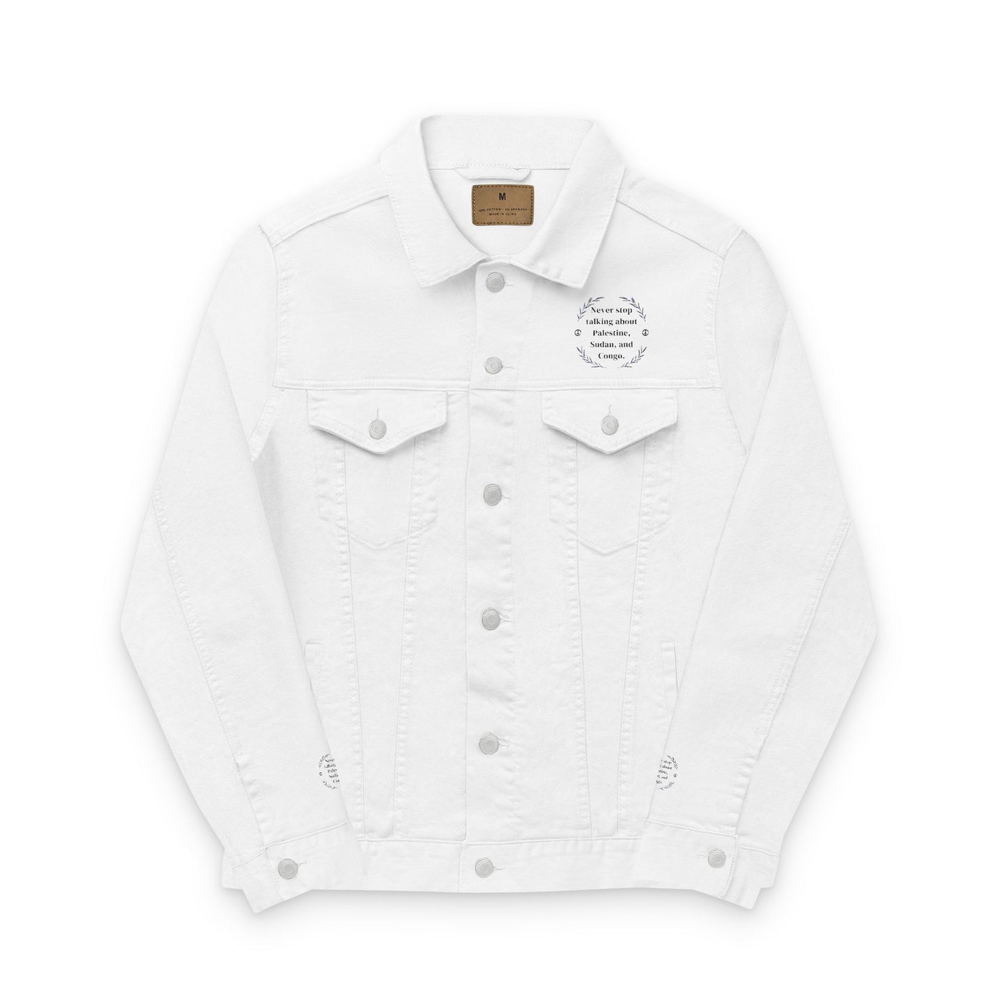 Unisex White Denim Jacket with Colorful Embroidery - Never Stop Talking About Palestine, Congo, and Sudan
