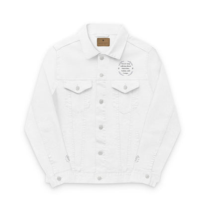 Unisex White Denim Jacket with Colorful Embroidery - Never Stop Talking About Palestine, Congo, and Sudan