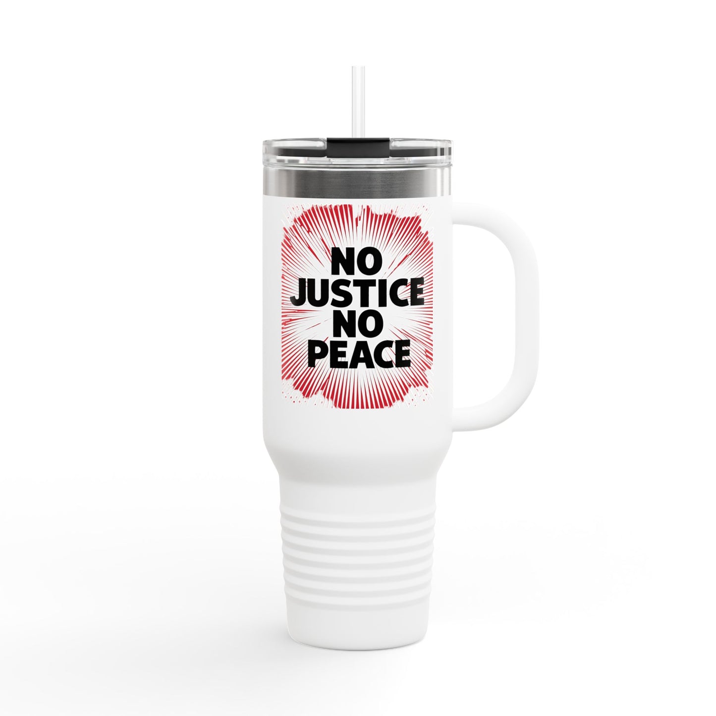 No Justice No Peace Insulated Travel Mug, 40oz, Perfect Gift for Coffee Lovers, Road Trips, and Hands Off Protest Tumbler