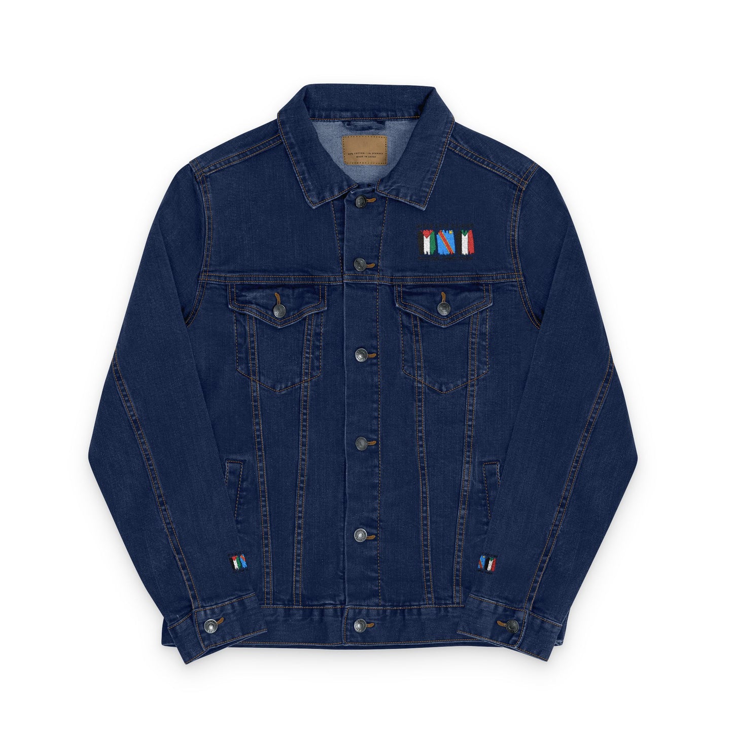 Unisex White Denim Jacket with Colorful Embroidery - Never Stop Talking About Palestine, Congo, and Sudan