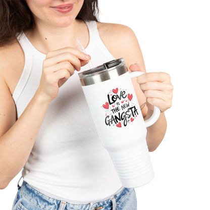 Love is the New Gangsta Insulated Travel Mug, 40oz, Perfect Gift for Coffee Lovers, Road Trips, and Hands Off Protest Tumbler